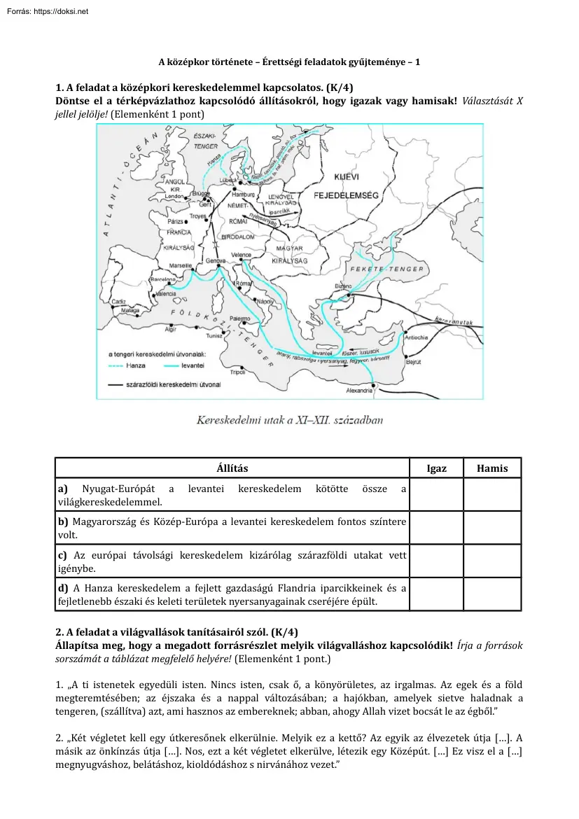 A középkor története, Érettségi feladatok gyűjteménye 1