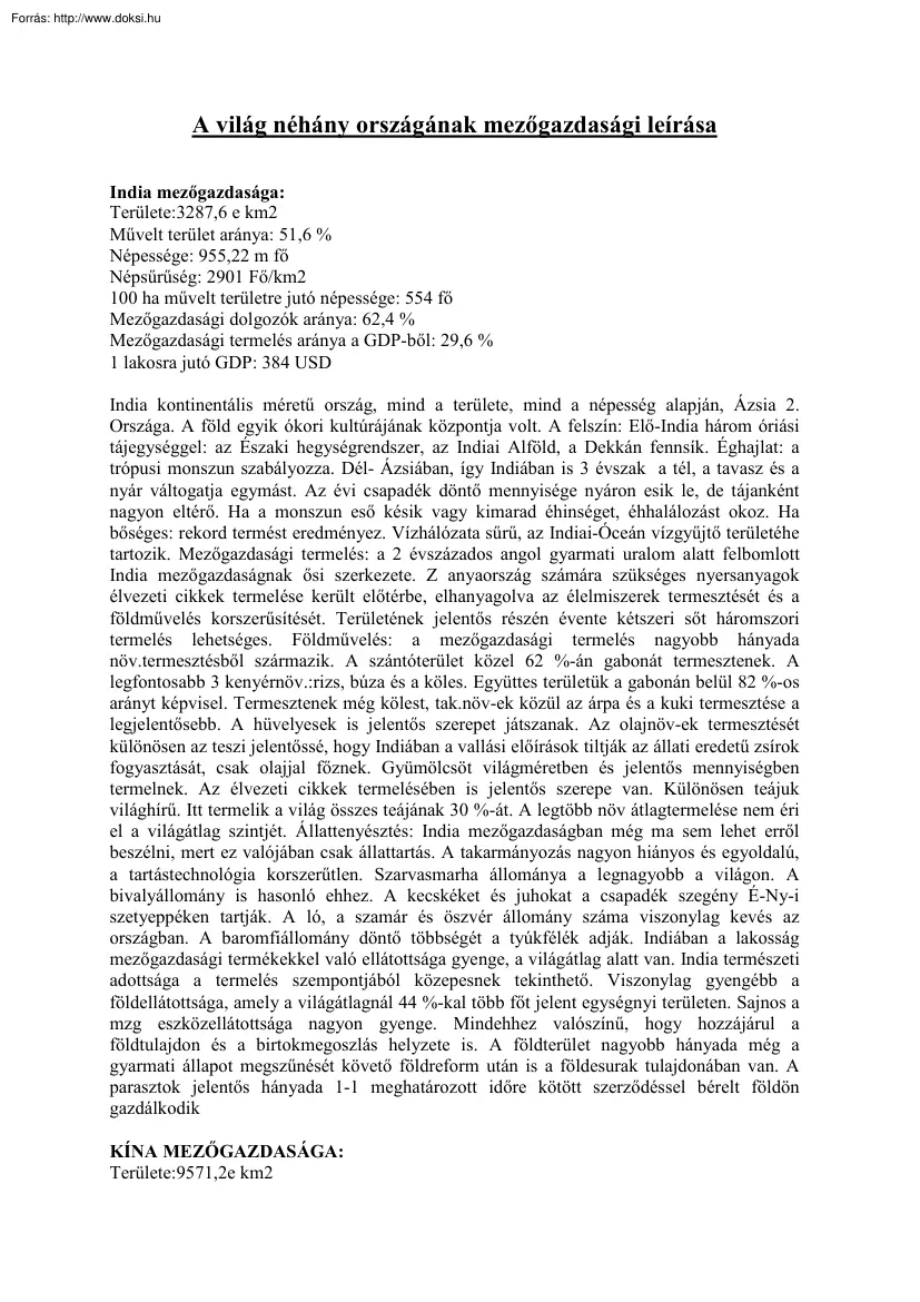 A világ néhány országának mezőgazdasági leírása