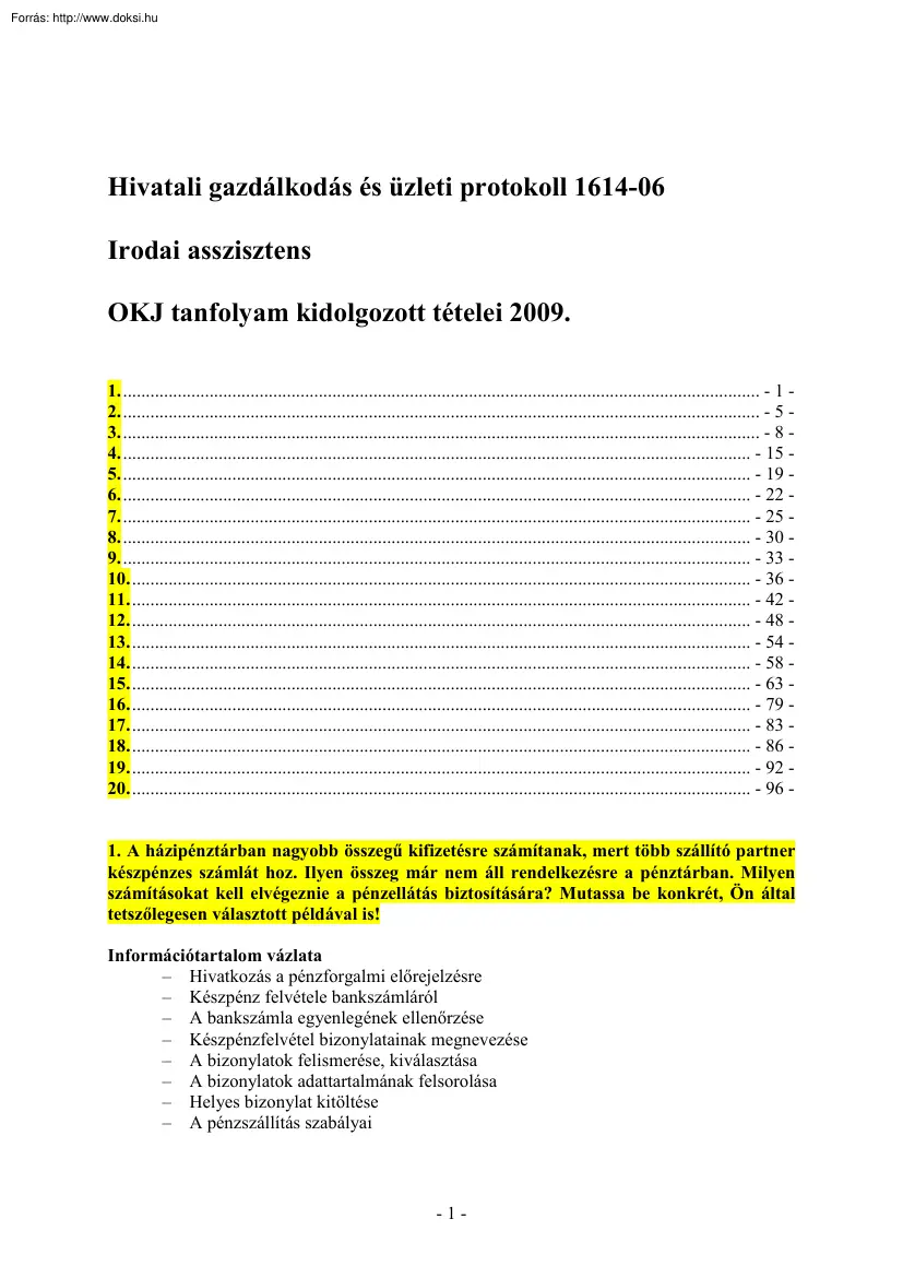 Irodai asszisztens OKJ tanfolyam kidolgozott tételei, 2009