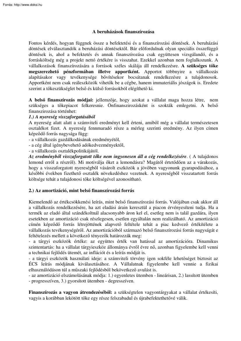 A beruházások finanszírozása