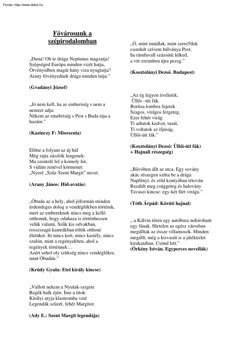 Fővárosunk a szépirodalomban