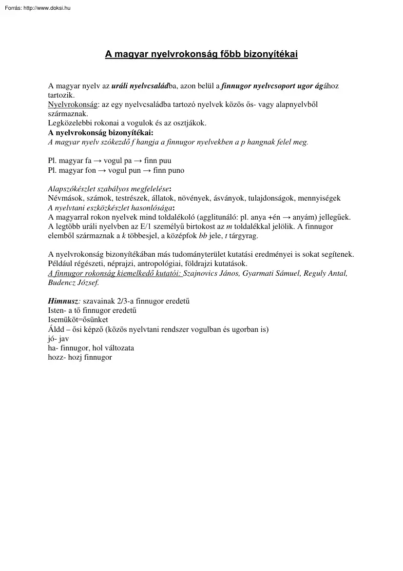 A magyar nyelvrokonság főbb bizonyítékai