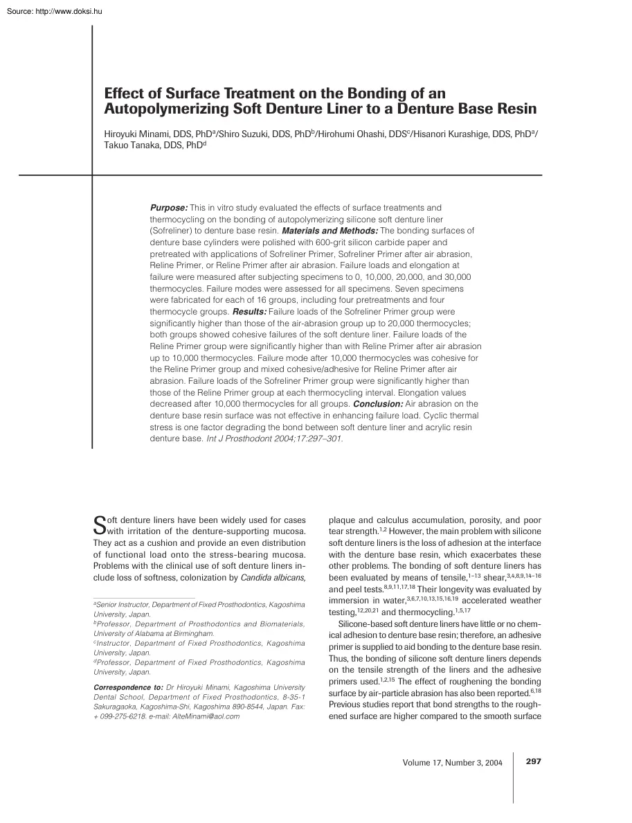 Minami-Suzuki - Effect of surface treatment on the bonding of an autopolymerizing soft denture