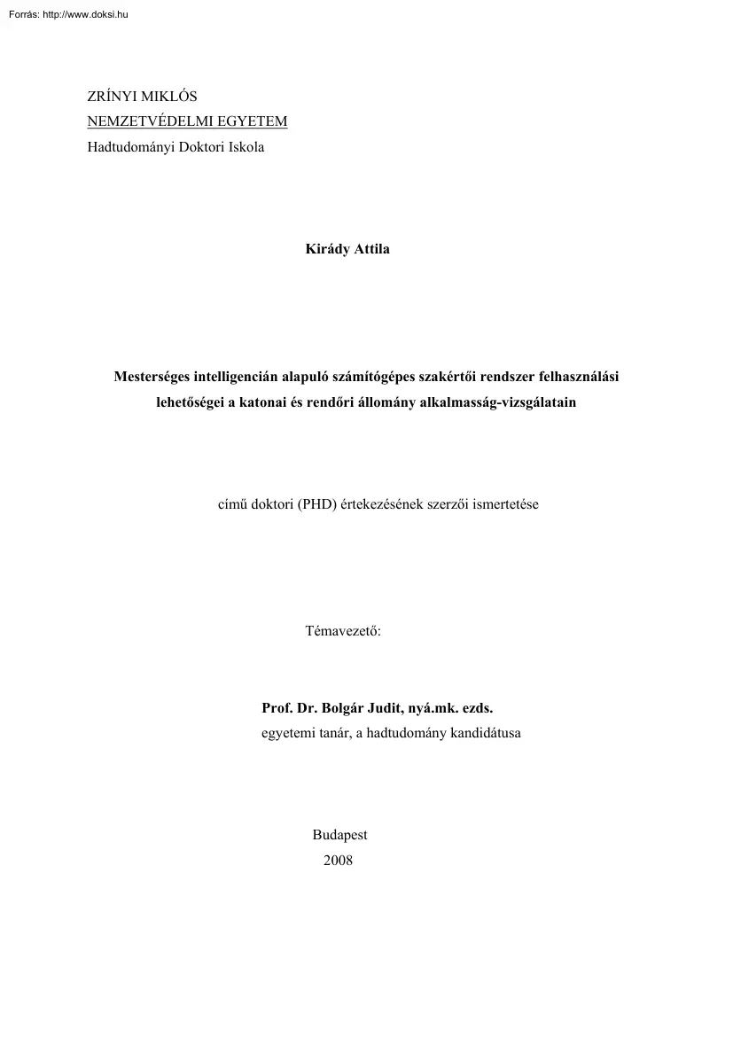Kirády Attila - Mesterséges intelligencián alapuló számítógépes szakértői rendszer