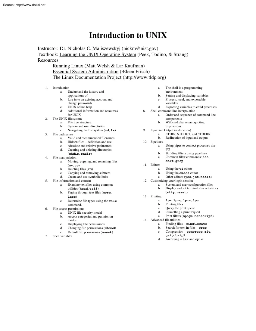 Dr. Nicholas C. Maliszewskyj - Introduction to UNIX