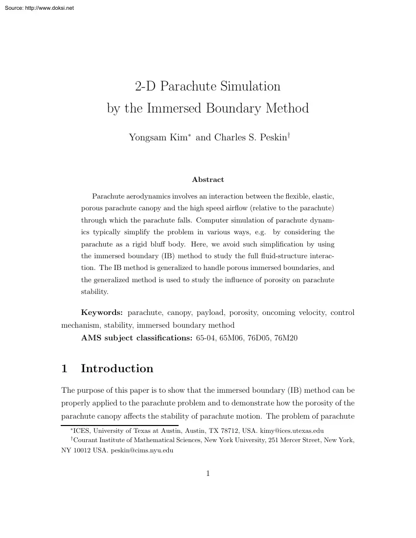 Kim-Peskin - 2-D Parachute Simulation by the Immersed Boundary Method