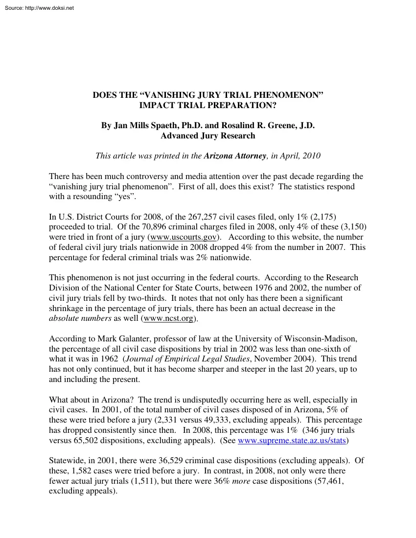 Jan Mills Spaeth - Does the Vanishing Jury Trial Phenomenon Impact Trial Preparation