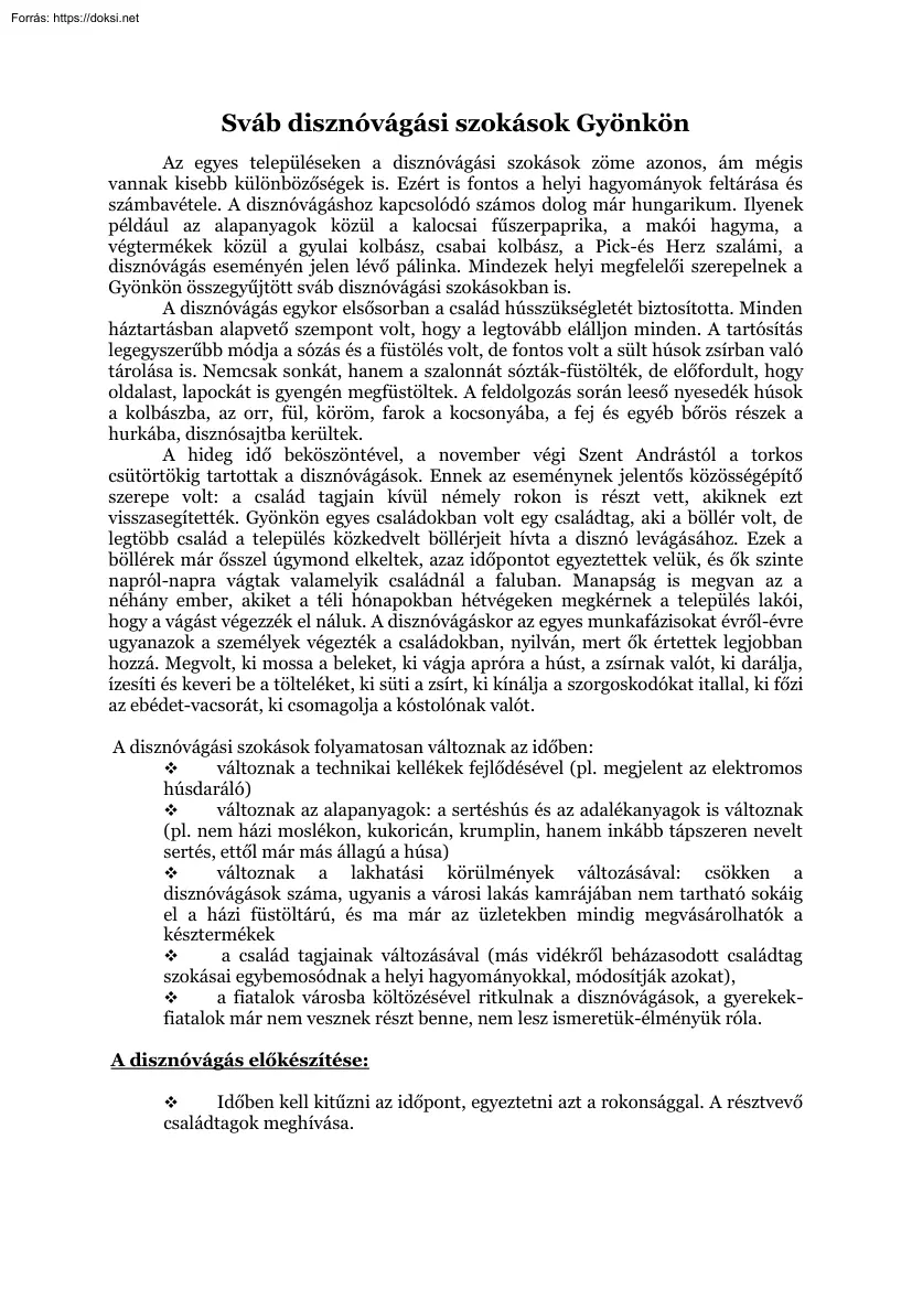 Sváb disznóvágási szokások Gyönkön