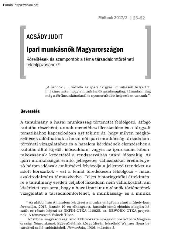 Acsády Judit - Ipari munkásnők Magyarországon