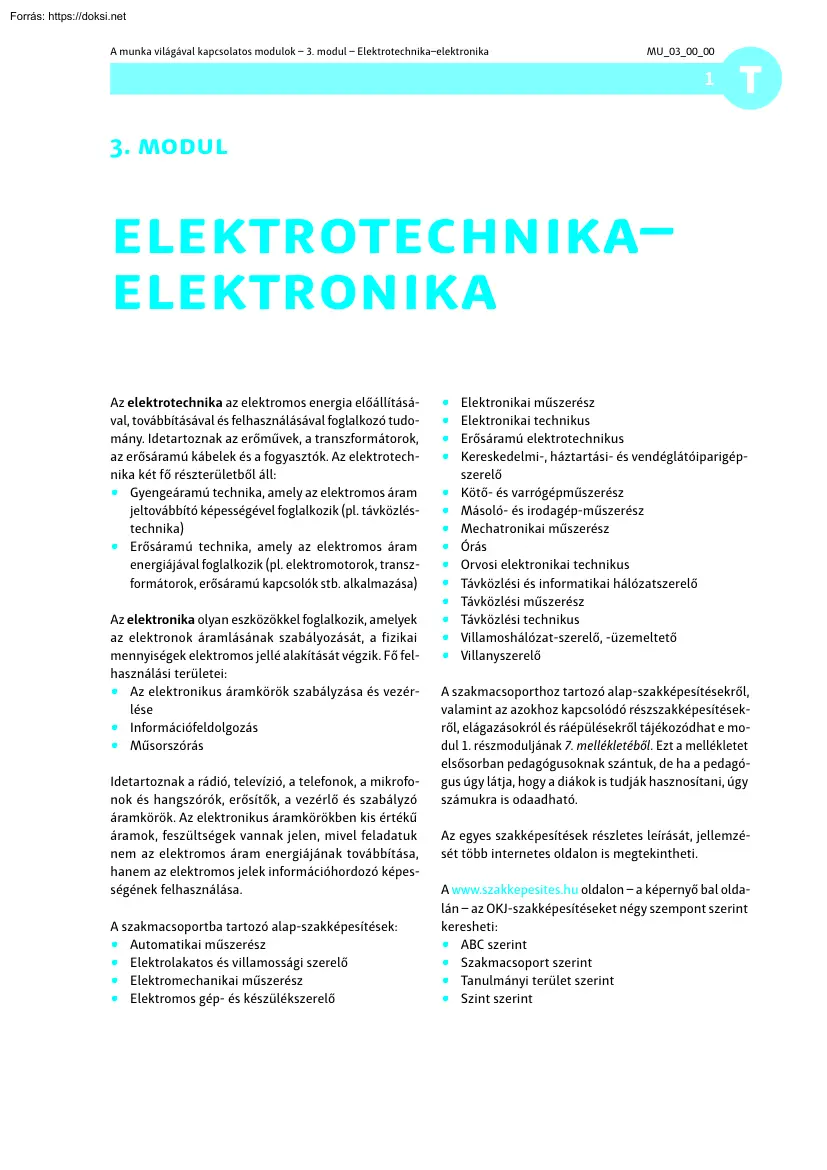 A munka világával kapcsolatos modulok, Elektrotechnika, elektronika