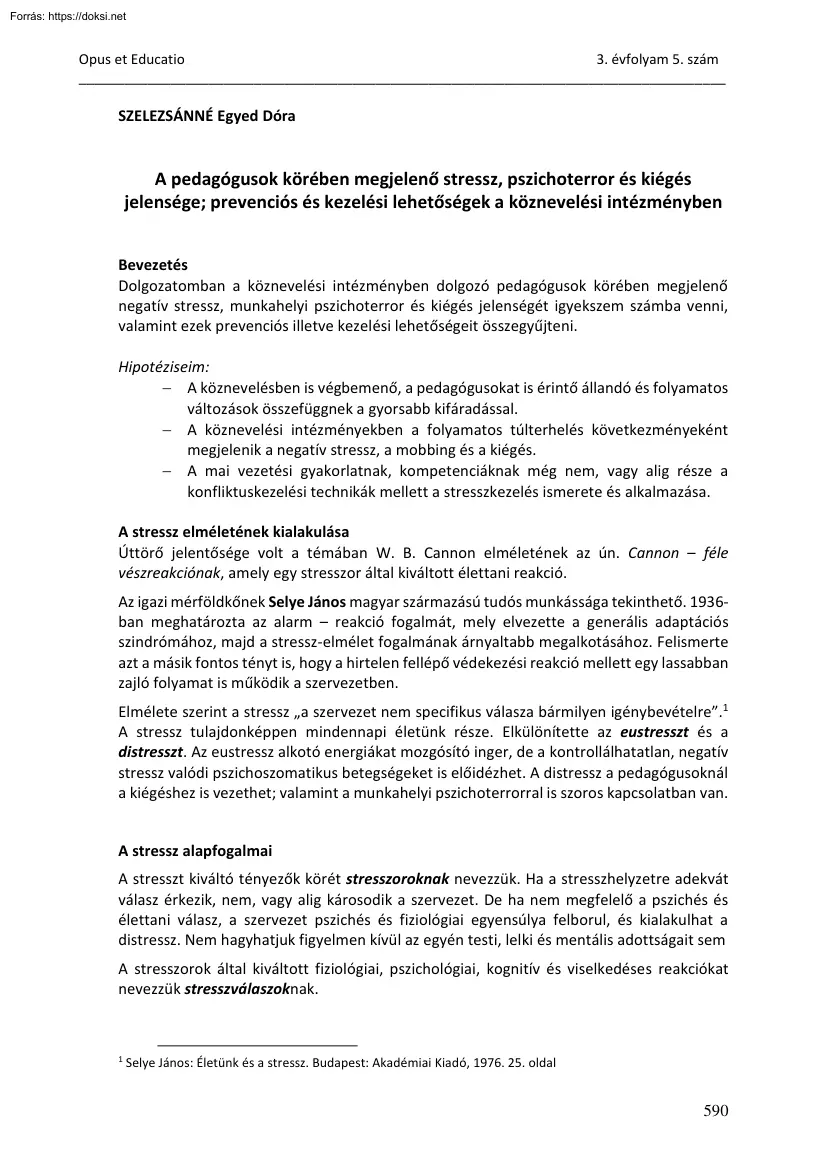 Szelezsánné Egyed Dóra - A pedagógusok körében megjelenő stressz, pszichoterror és kiégés