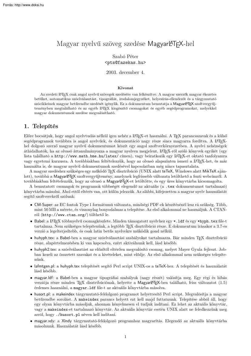 Szabó Péter - Magyar nyelvű szöveg szedése Latex-szel