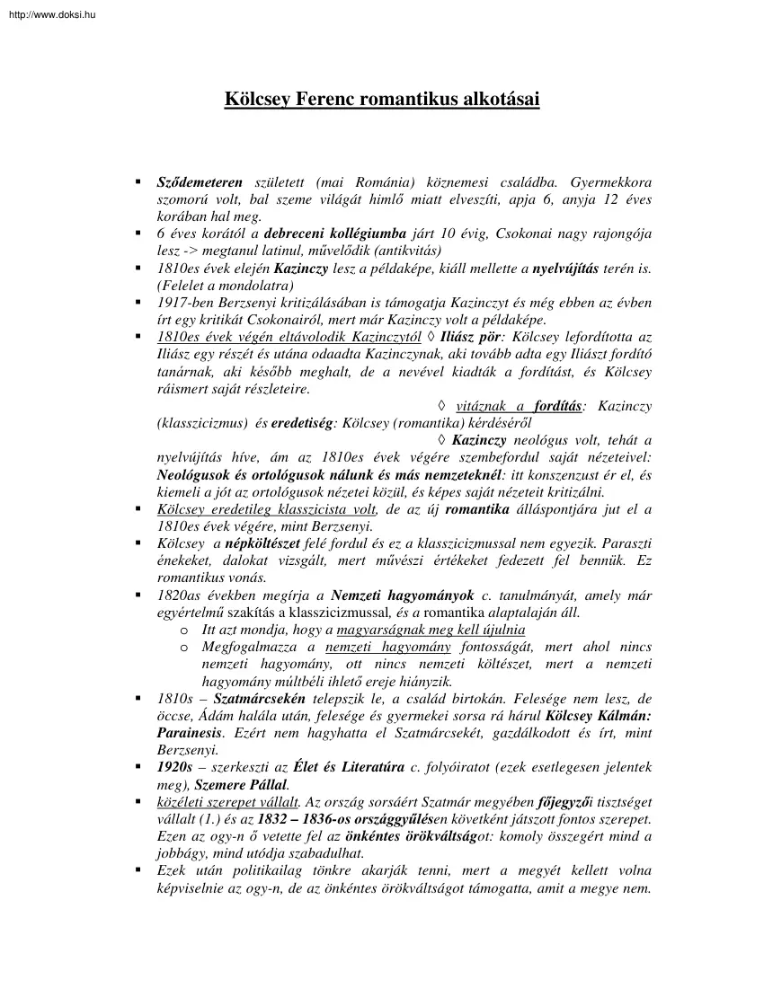 Kölcsey Ferenc romantikus alkotásai