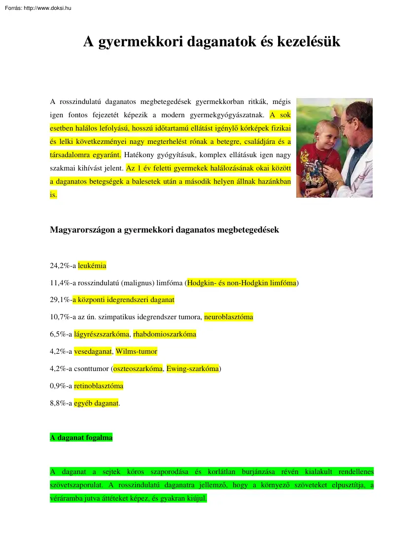 A gyermekkori daganatok és kezelésük