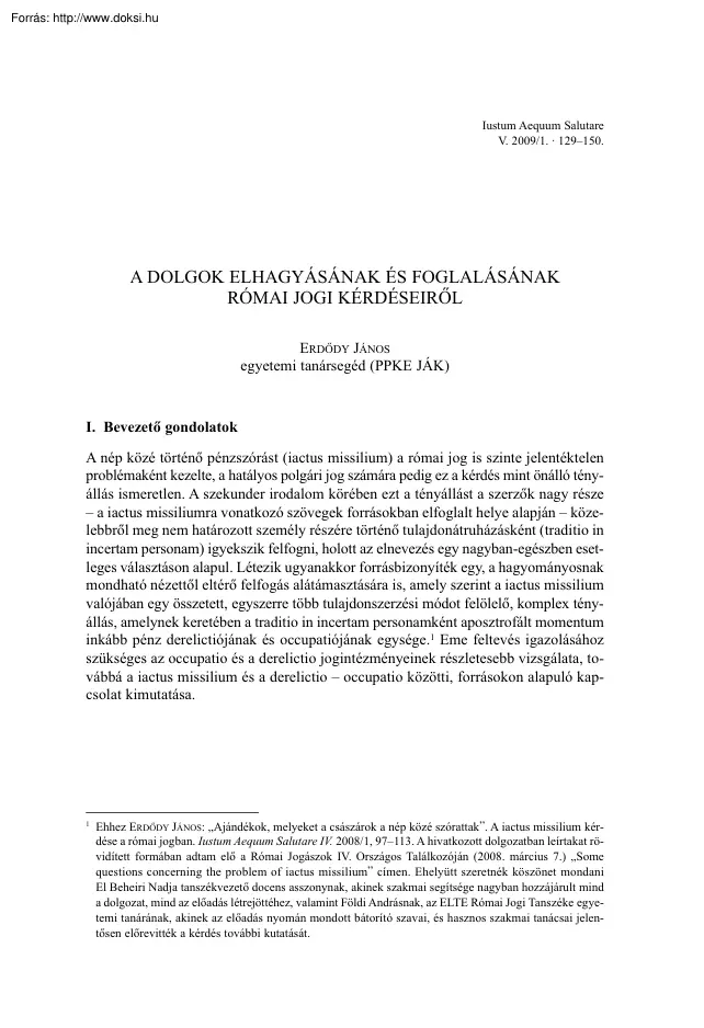 Erdődy János - A dolgok elhagyásának és foglalásának római jogi kérdéseiről