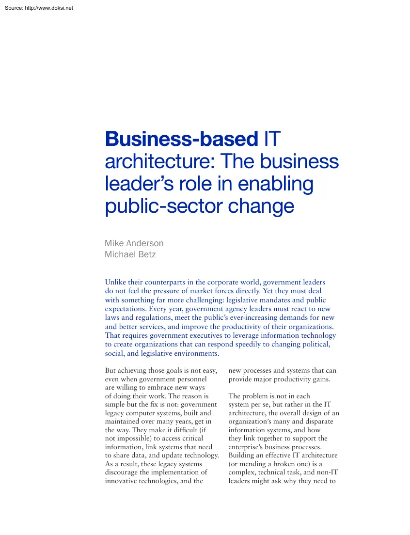 Mike-Michael - Business Based IT Architecture, The Business Leaders role in Enabling Public Sector