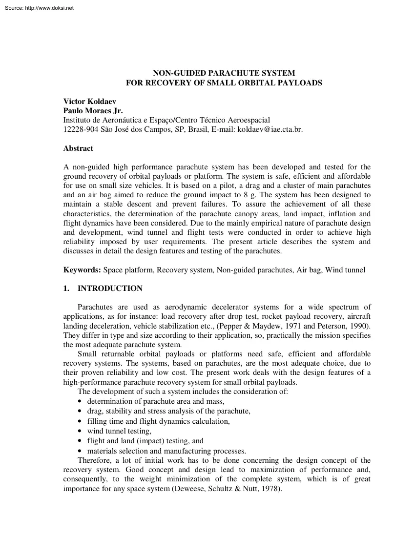 Koldaev-Moraes - Non Guided Parachute System for Recovery of Small Orbital Payloads