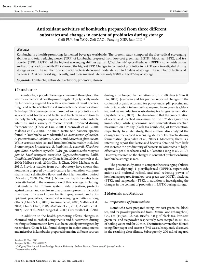 Antioxidant activities of kombucha prepared from three different substrates and changes in content