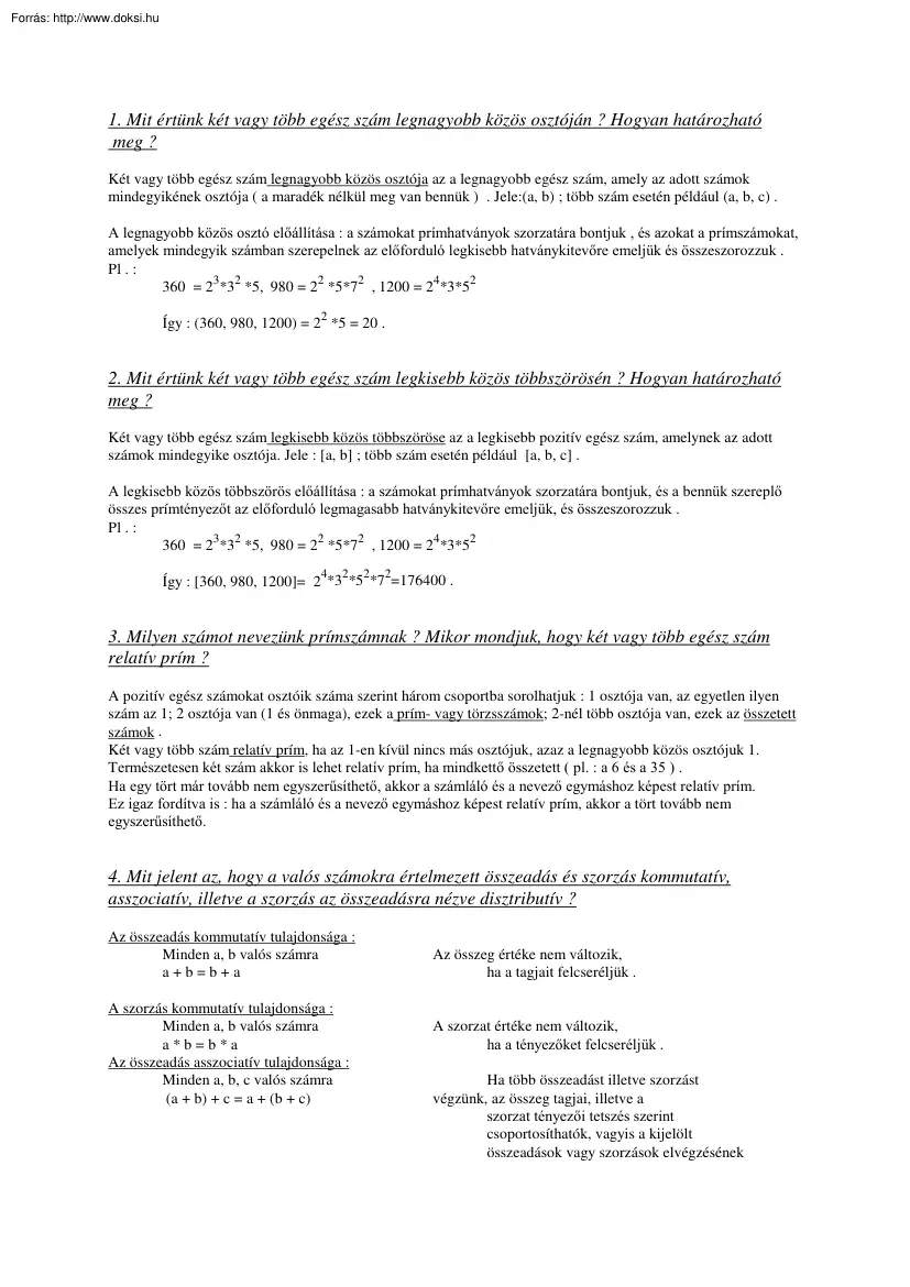 Matematika szóbeli érettségi tételek