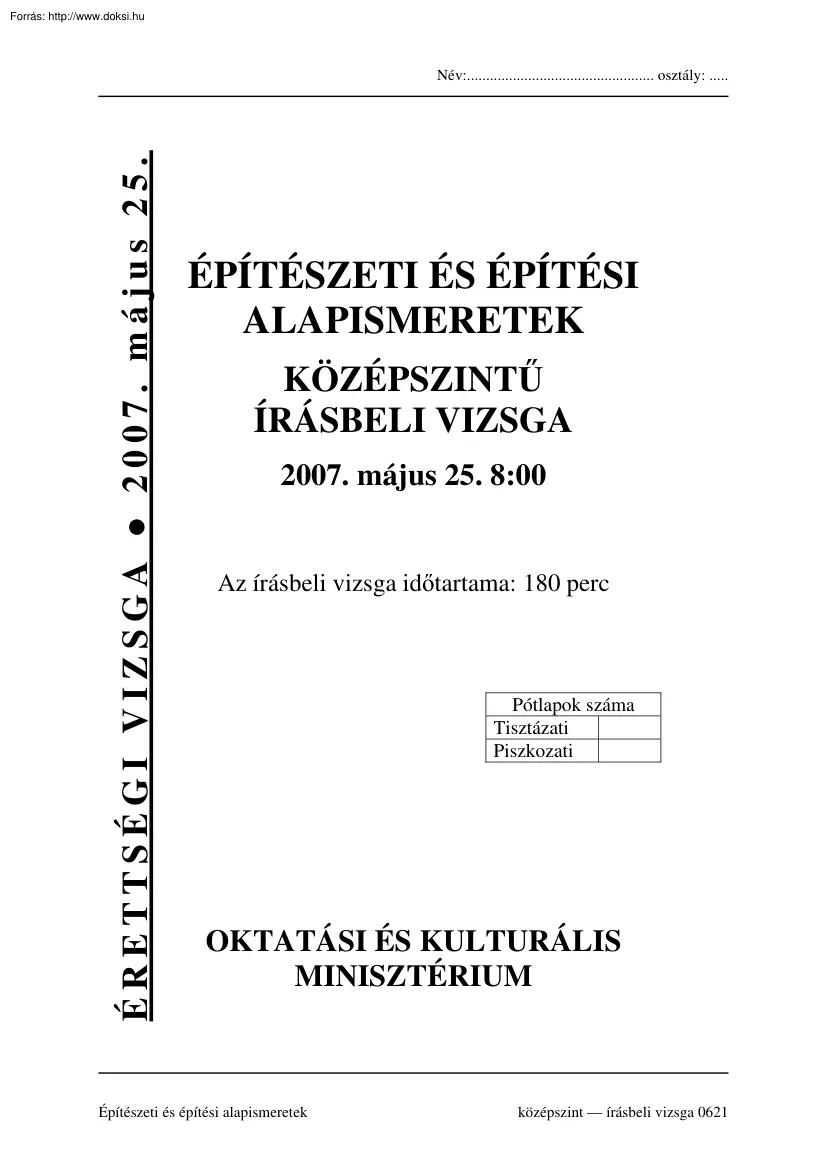 Építészeti és építési alapismeretek középszintű írásbeli érettségi vizsga