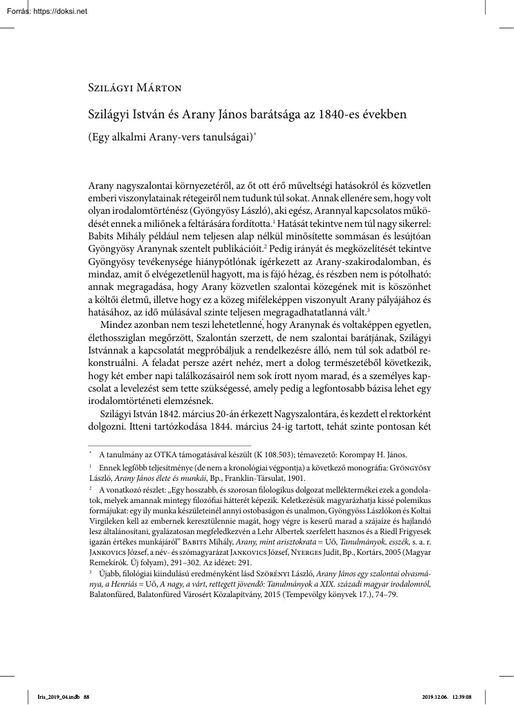 Szilágyi Márton - Szilágyi István és Arany János barátsága az 1840-es években