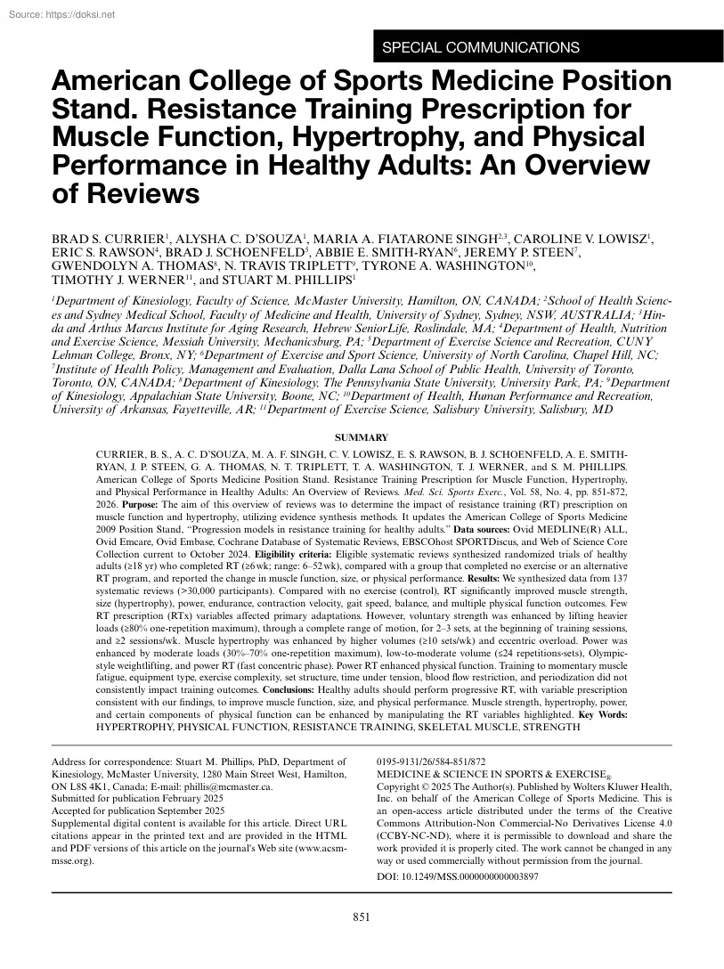 American College of Sports Medicine Position Stand. Resistance Training Prescription for Muscle