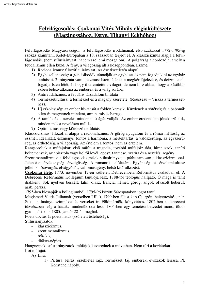 Felvilágosodás, Csokonai Vitéz Mihály elégiaköltészete