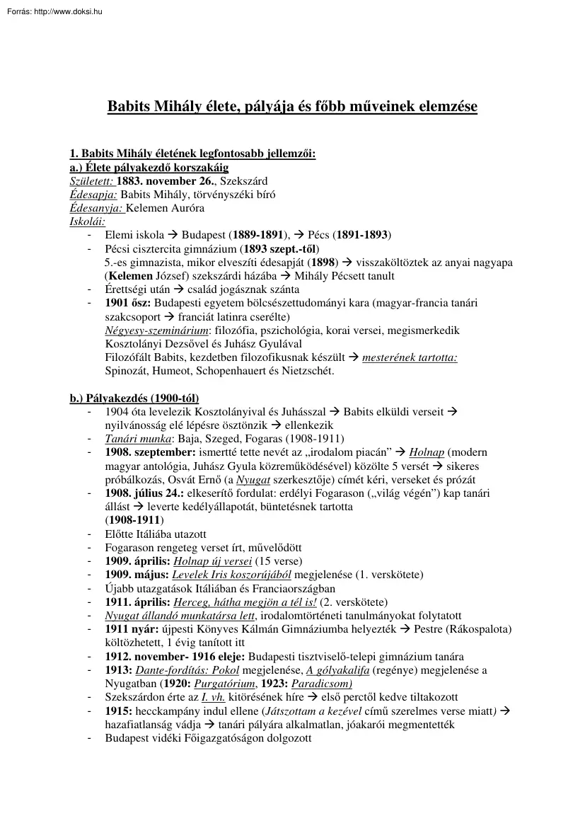 Babits Mihály élete, pályája és főbb műveinek elemzése