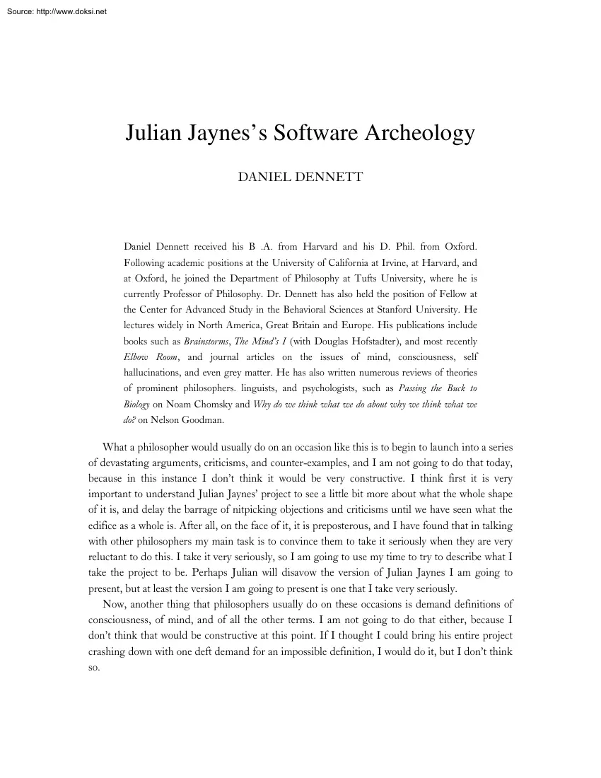Daniel Dennett - Julian Jayness Software Archeology