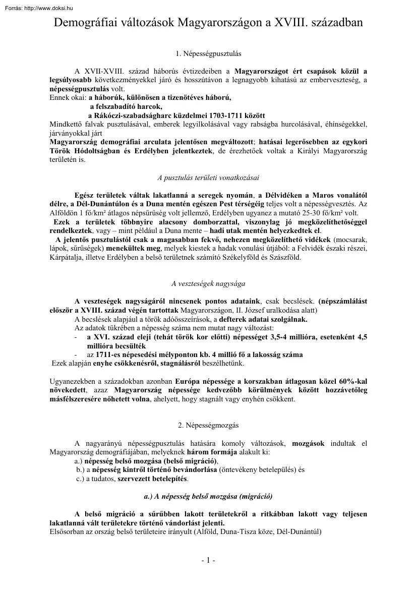 Demográfiai változások Magyarországon a XVIII. században