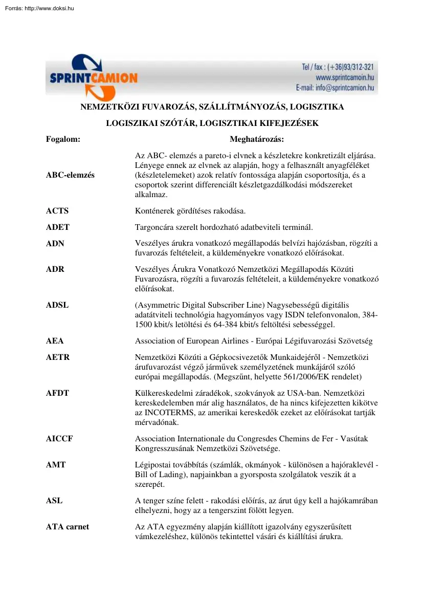 Logisztikai szótár, logisztikai kifejezések