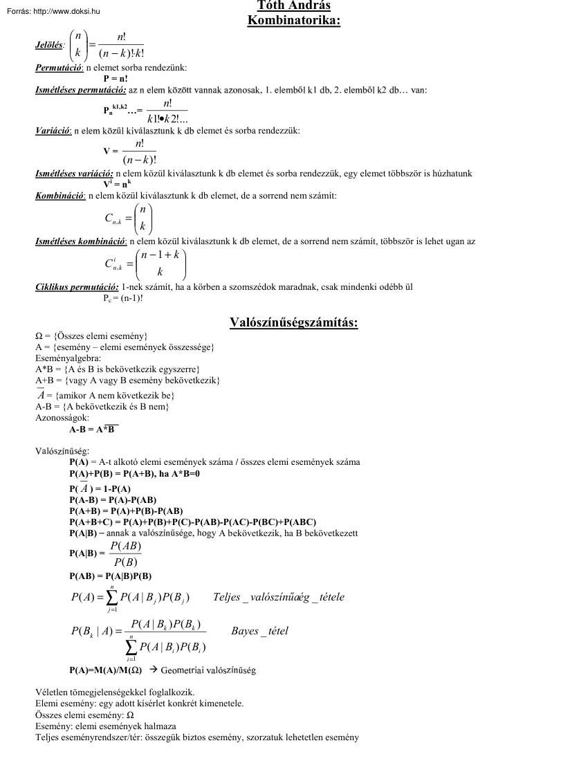 Tóth András - Valószínűség-számítás képletösszefoglaló