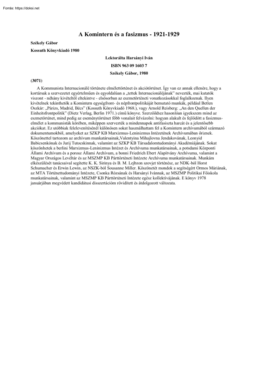 Székely Gábor - A Komintern és a fasizmus, 1921-1929