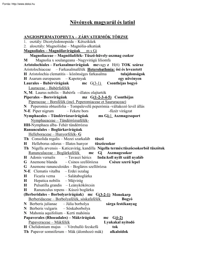 Növények magyarul és latinul