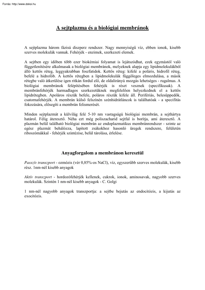 A sejtplazma és a biológiai membránok