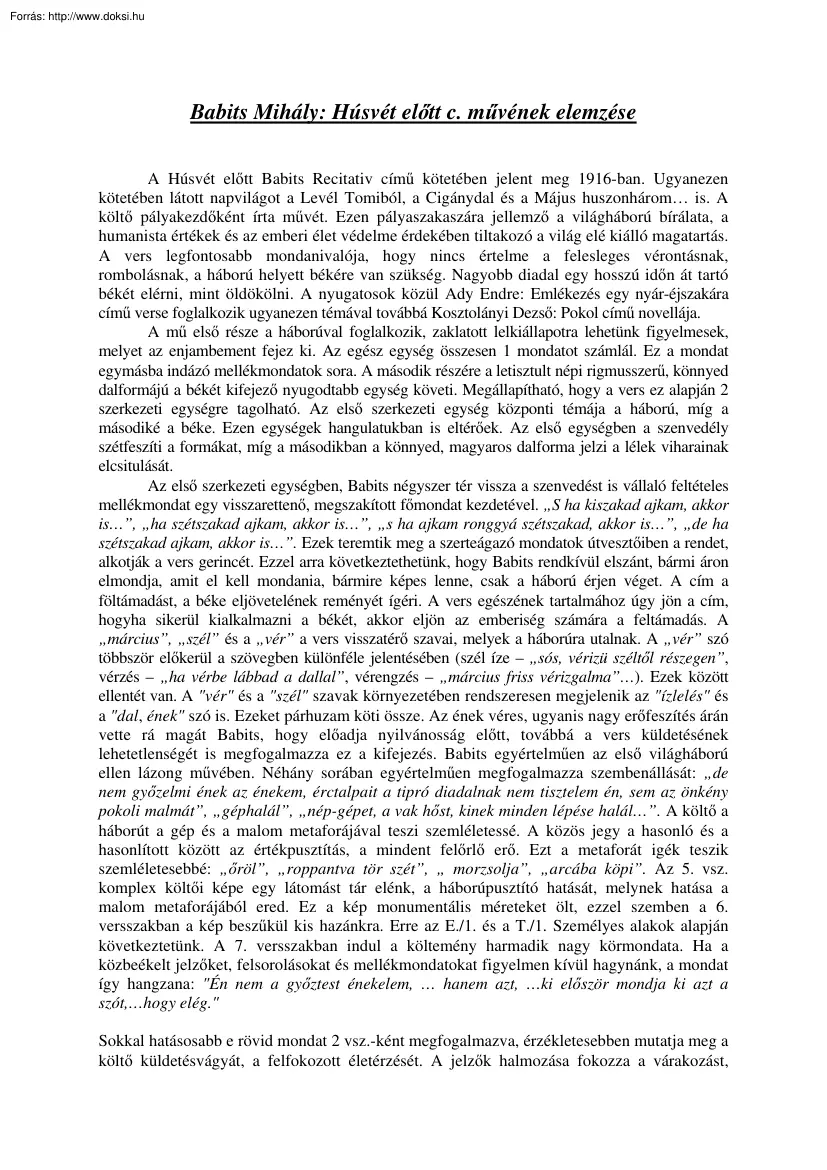 Babits Mihály, Húsvét előtt c. művének elemzése