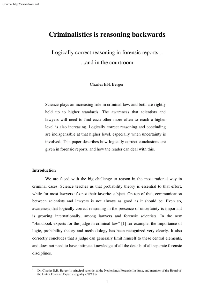 Charles E. H. Berger - Criminalistics is Reasoning Backwards