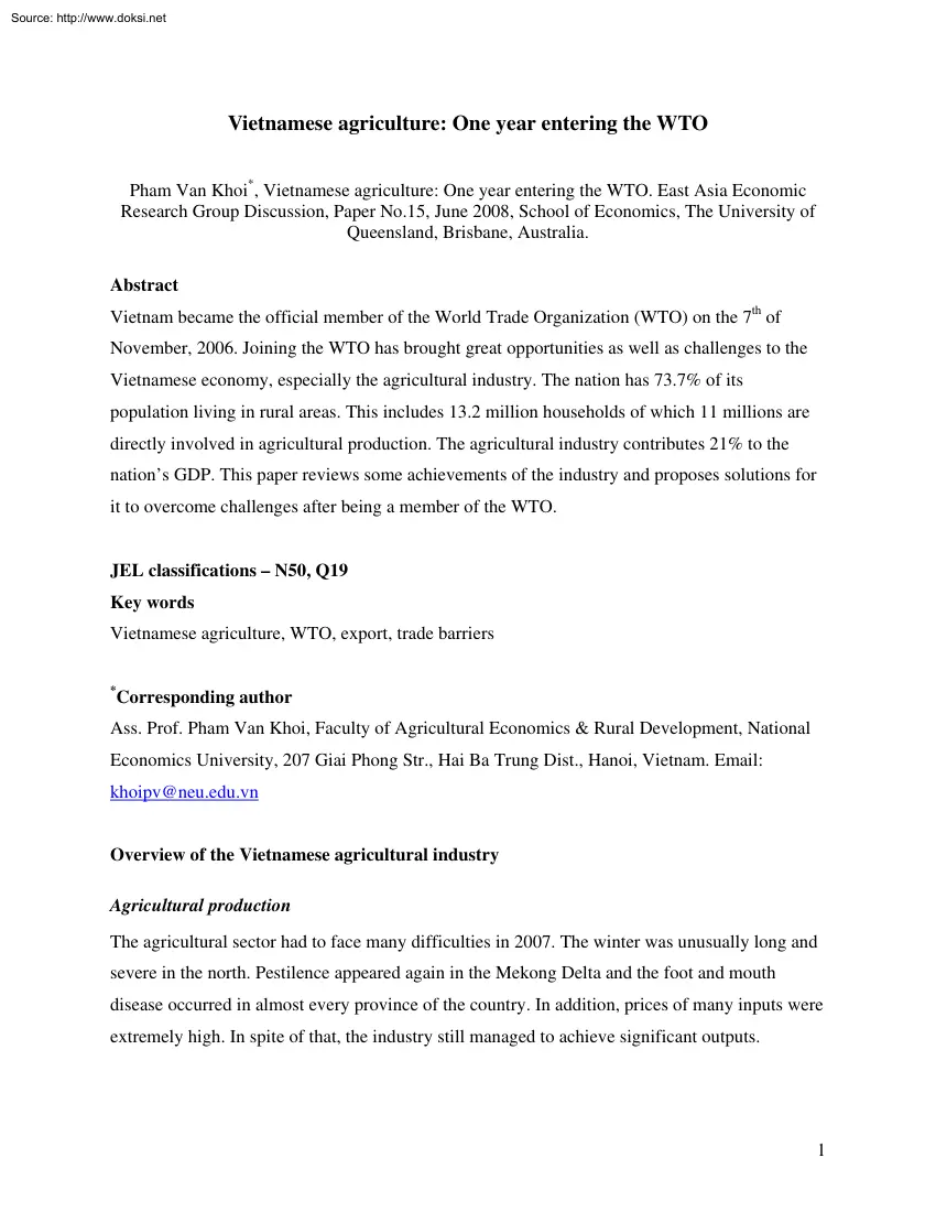Pham Van Khoi - Vietnamese Agriculture, One Year Entering the WTO