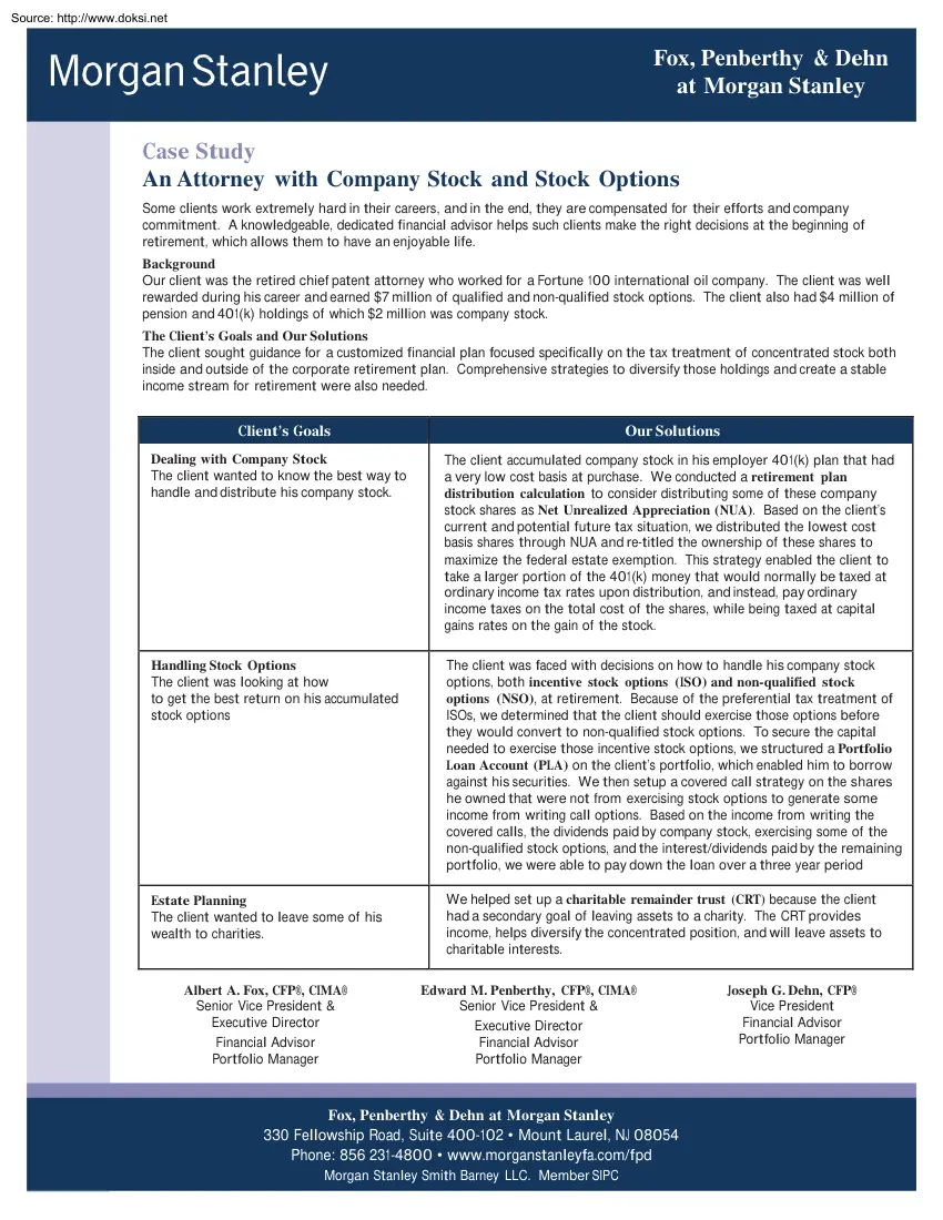 An Attorney with Company Stock and Stock Options, Case Study