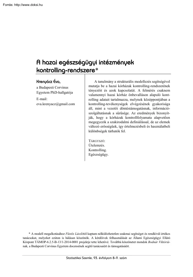 Krenyácz Éva - A hazai egészségügyi intézmények kontrolling-rendszere