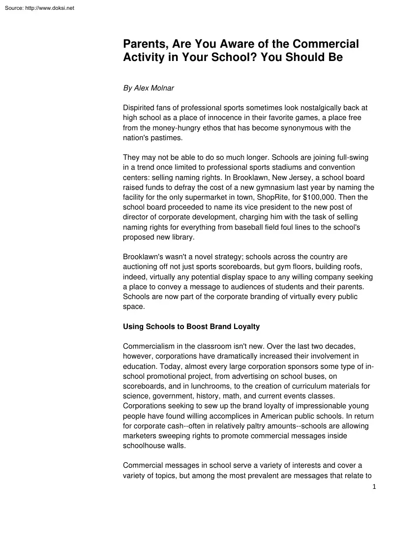 Alex Molnar - Parents, Are You Aware of the Commercial Activity in Your School
