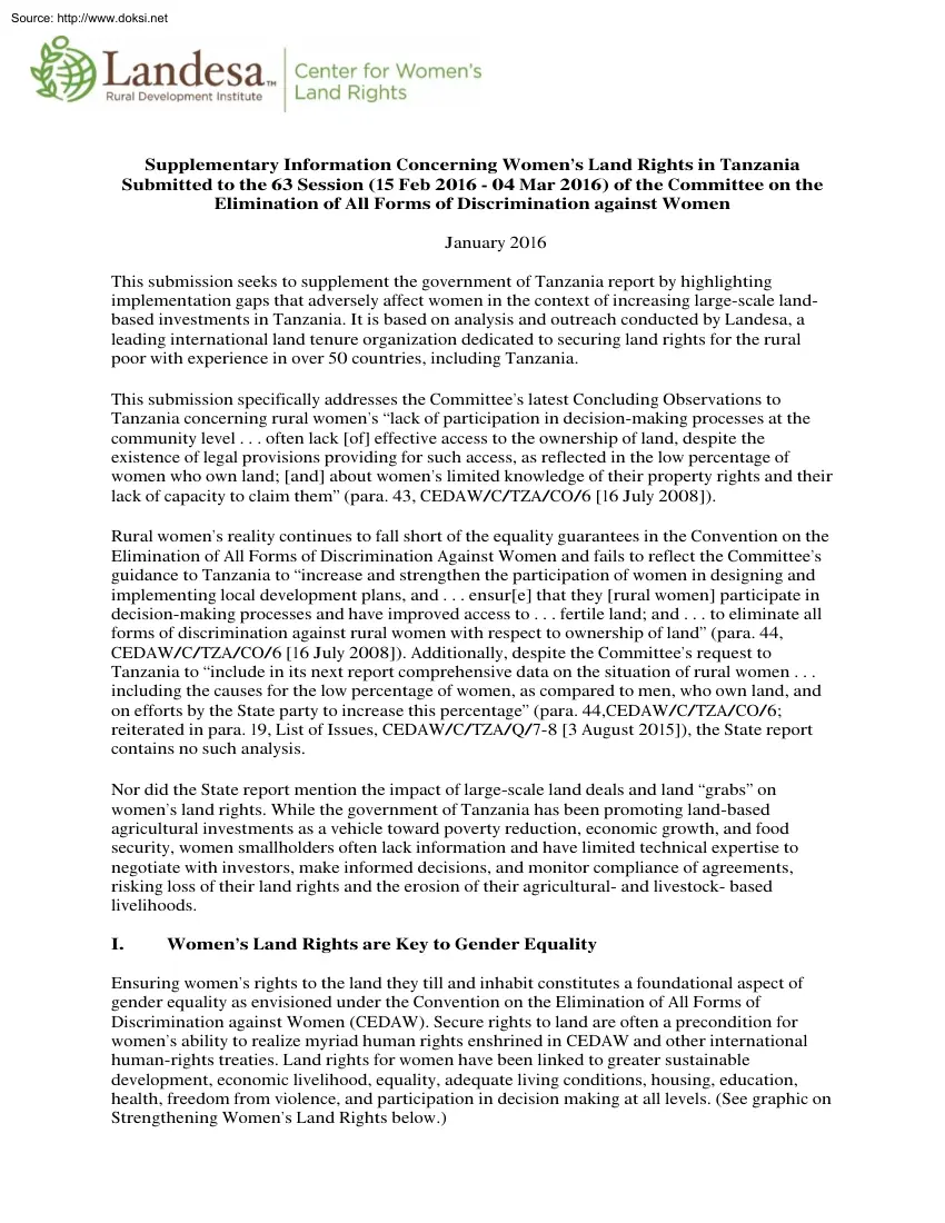 Supplementary Information Concerning Womens Land Rights in Tanzania Submitted to the 63 Session of