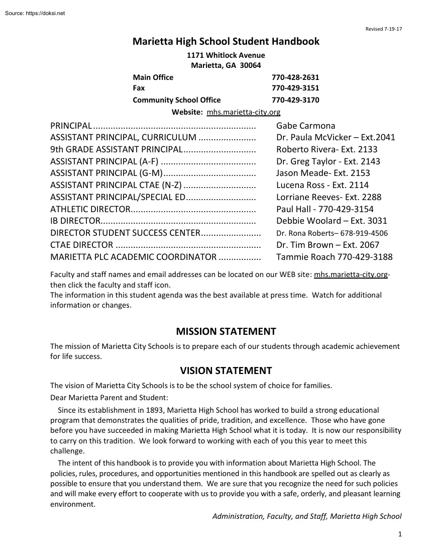 Marietta High School Student Handbook