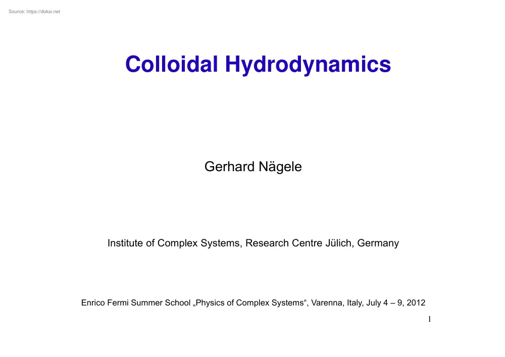 Gerhard Nägele - Colloidal Hydrodynamics