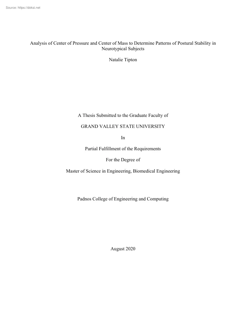 Natalie Tipton - Analysis of Center of Pressure and Center of Mass to Determine Patterns of