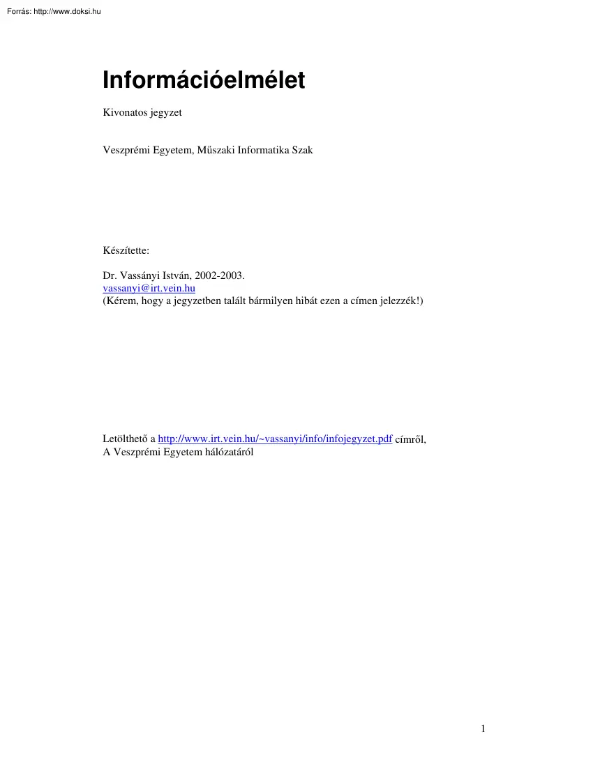 Dr Vassányi István - Információelmélet