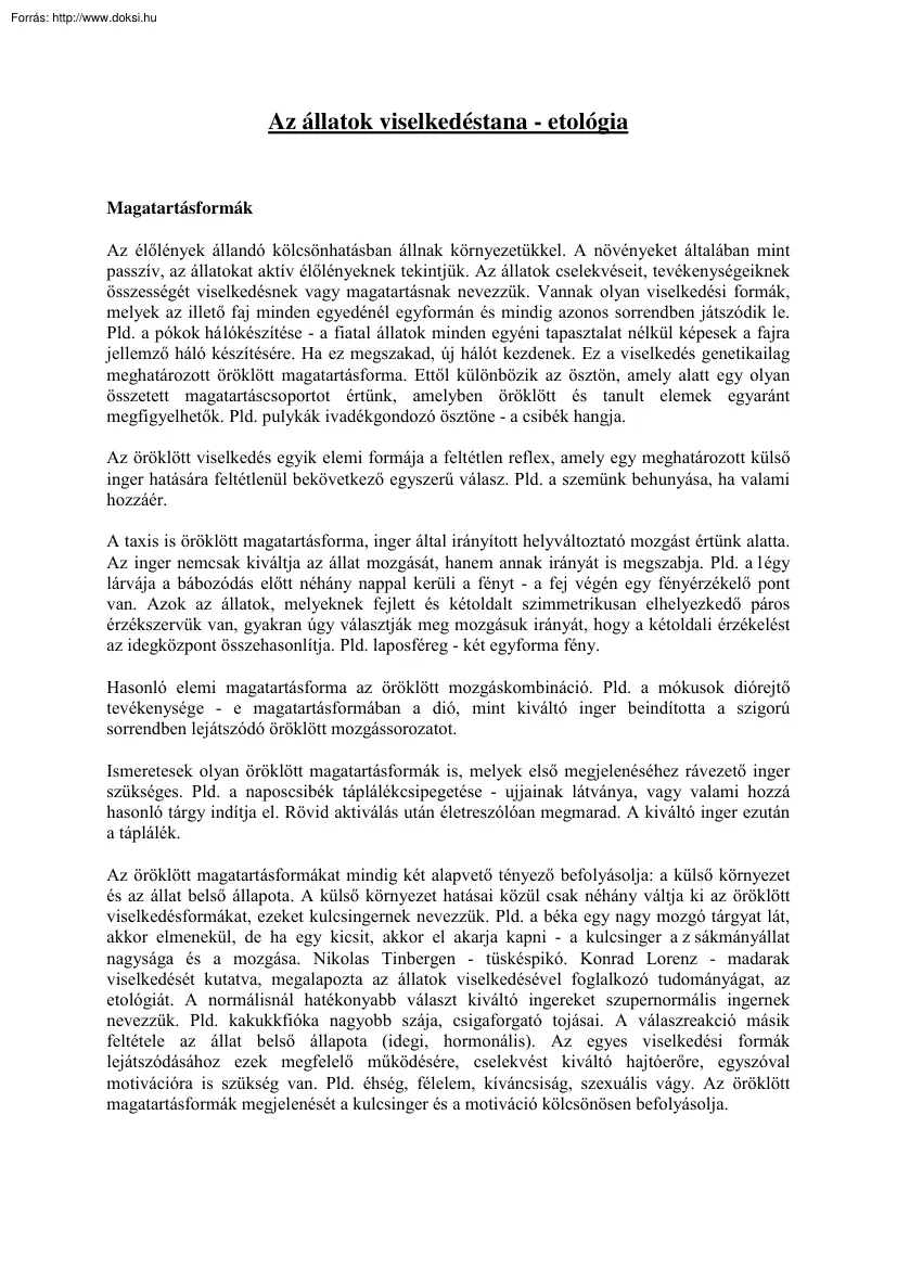 Az állatok viselkedéstana - etológia
