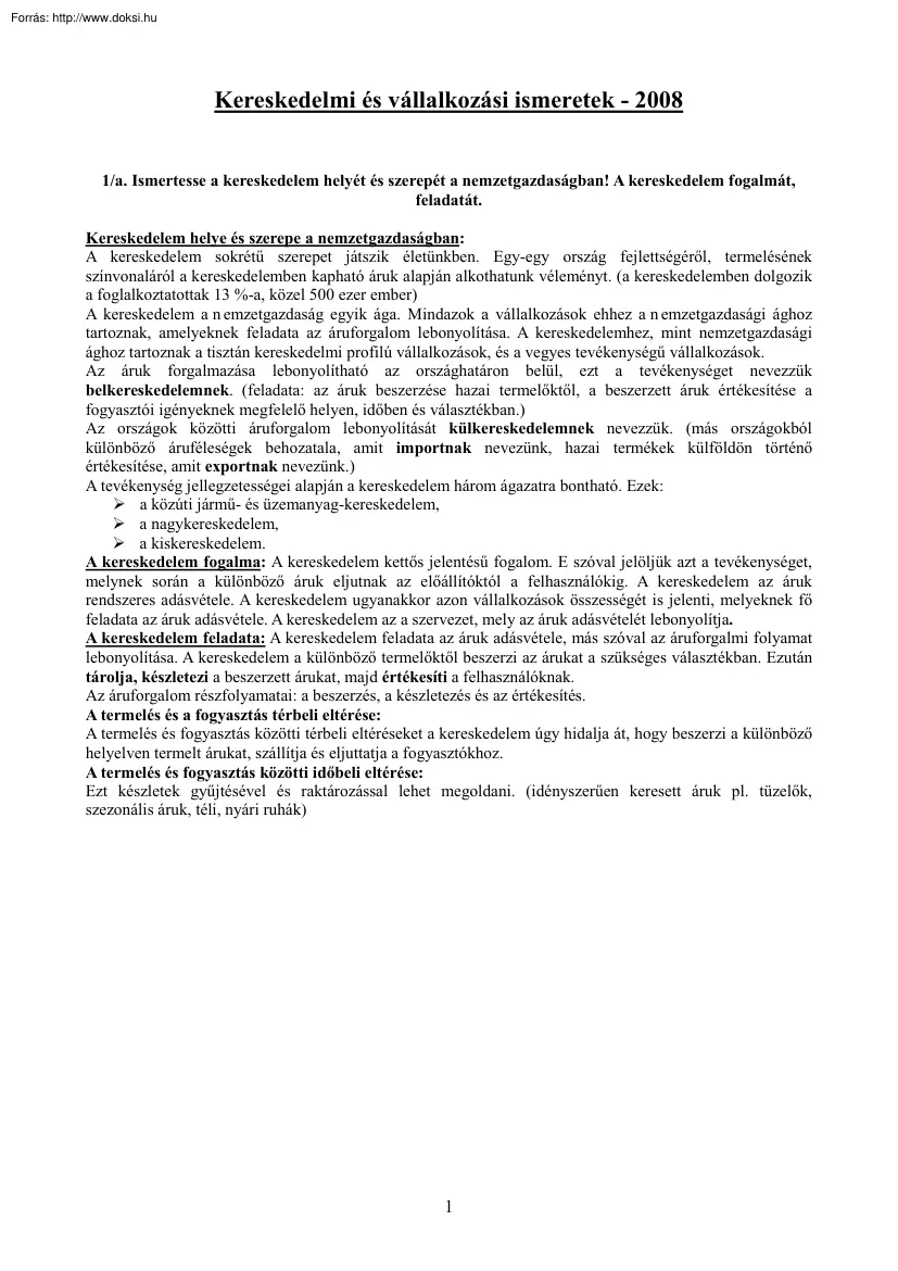 Kereskedelmi és vállalkozási ismeretek, 2008