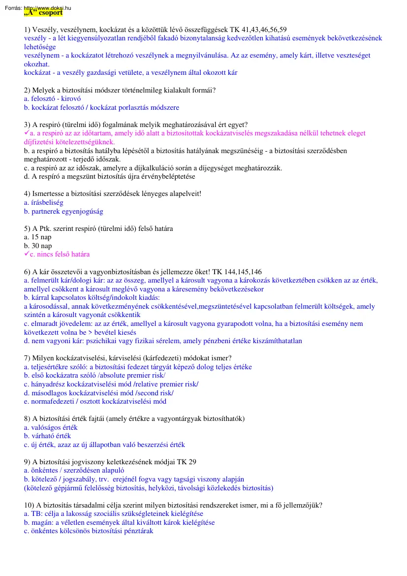 PSZF Biztositás vizsgatételek, 2005