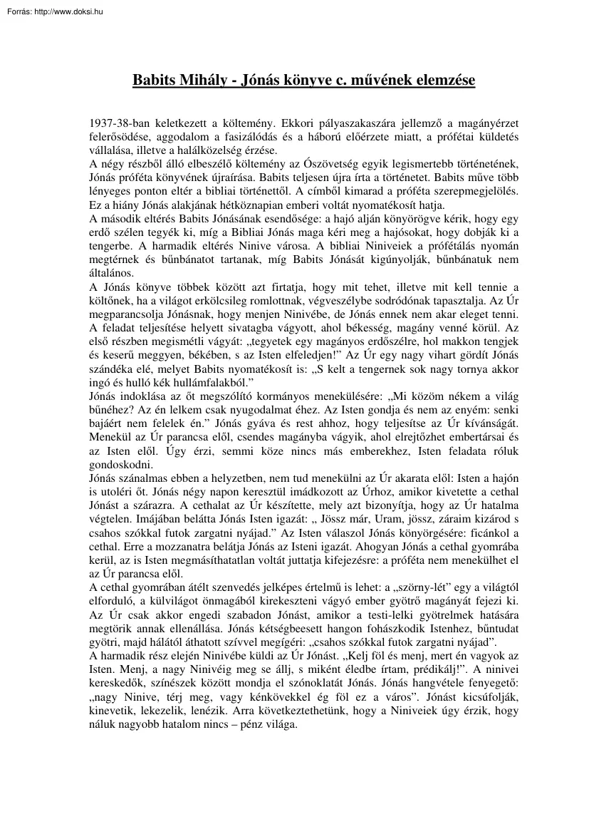 Babits Mihály, Jónás könyve c. művének elemzése